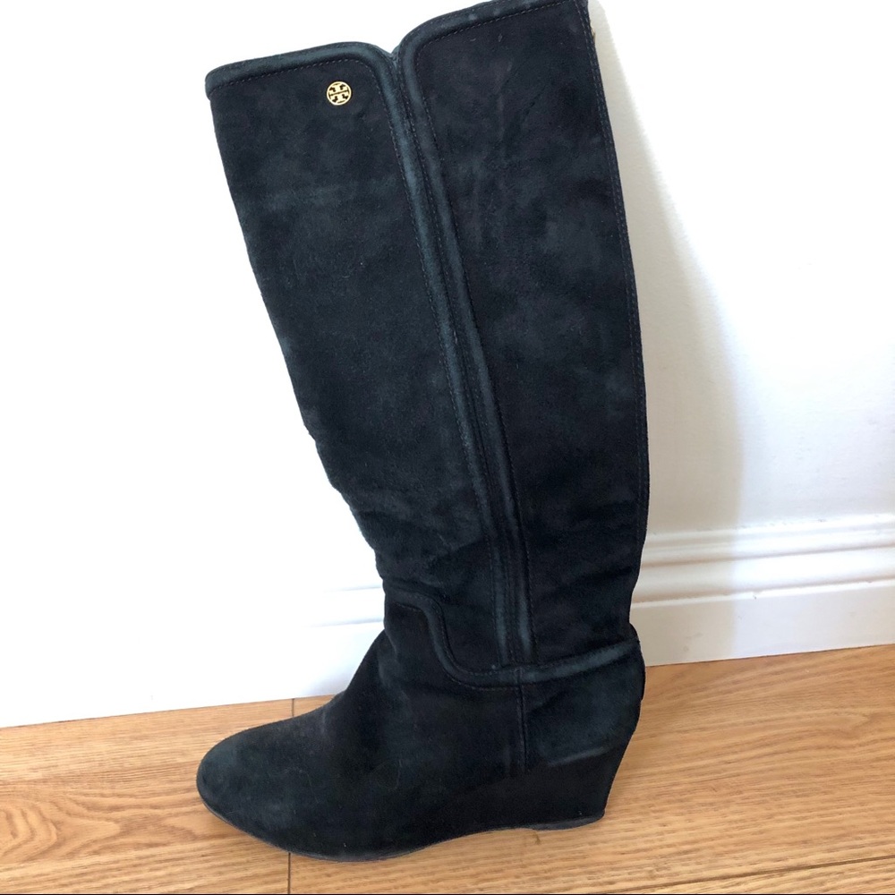 Tory Burch Suede Wedge Knee-High Boots, black